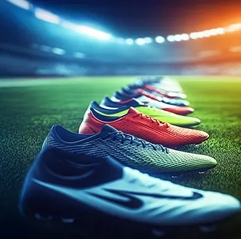 A-collection-of-beautiful-Soccer-cleats A row of colorful soccer cleats displayed on a stadium field under bright lights.
