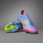 Top view of Adidas F50+ firm ground soccer cleats in a vibrant colorway, designed for speed and traction on natural grass.