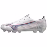 Mizuno Alpha Elite soccer cleats – side view on white background, showcasing the sleek silhouette and stud configuration.