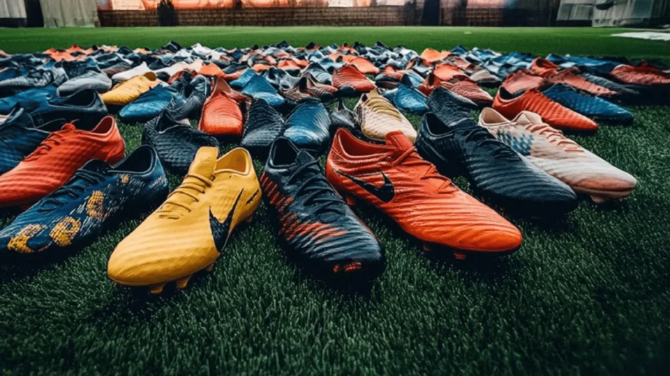 A selection of colorful soccer cleats arranged on a display.