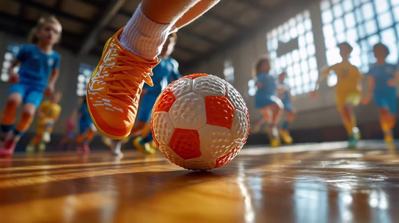 Kids playing indoor soccer in a dimly lit gym, captured in a photorealistic style with motion blur and dramatic lighting.