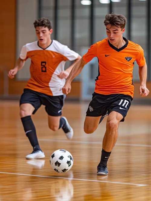 Indoor futsal game in action on a polished wooden court, players competing intensely in a high-resolution photo
