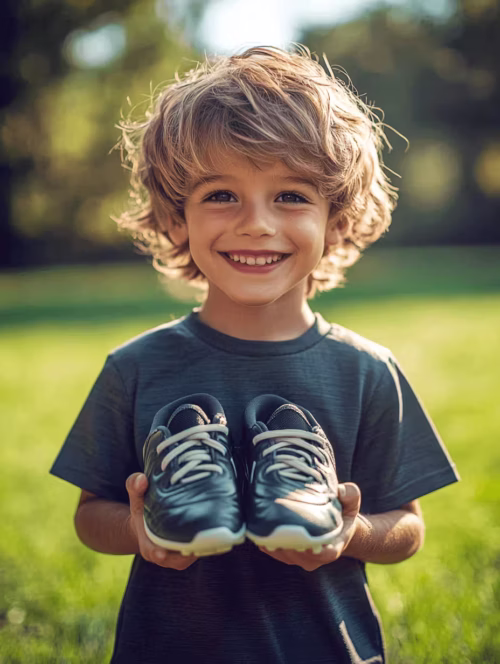 Smiling young boy holding a pair of soccer cleats while standing in a sunny park