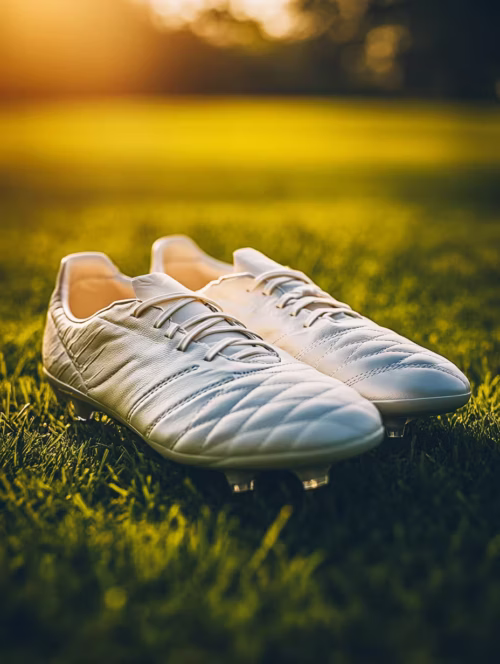 Close-up of soccer cleats for wide feet on green grass, highlighting the front and side width design for maximum comfort and fit