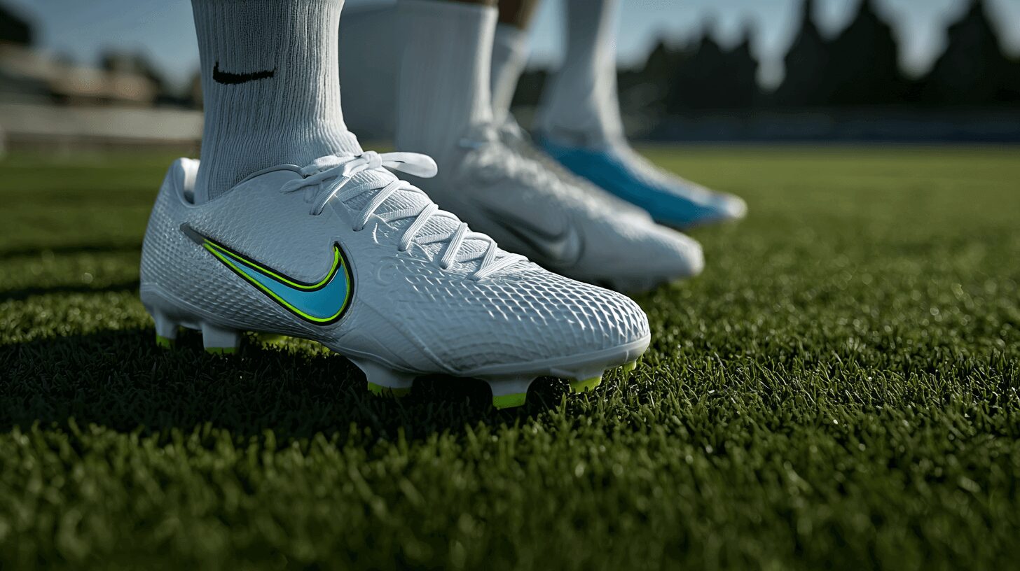 Close-up of a women's Nike soccer cleat on a grass field, white textured upper with turquoise swoosh, worn with white socks, under natural sunlight.