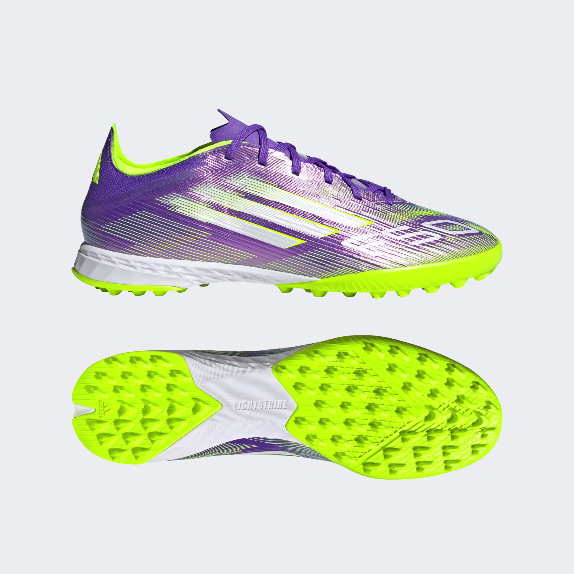Adidas F50 Pro Turf soccer cleats – purple upper with neon green sole, top and side view Description (תיאור):