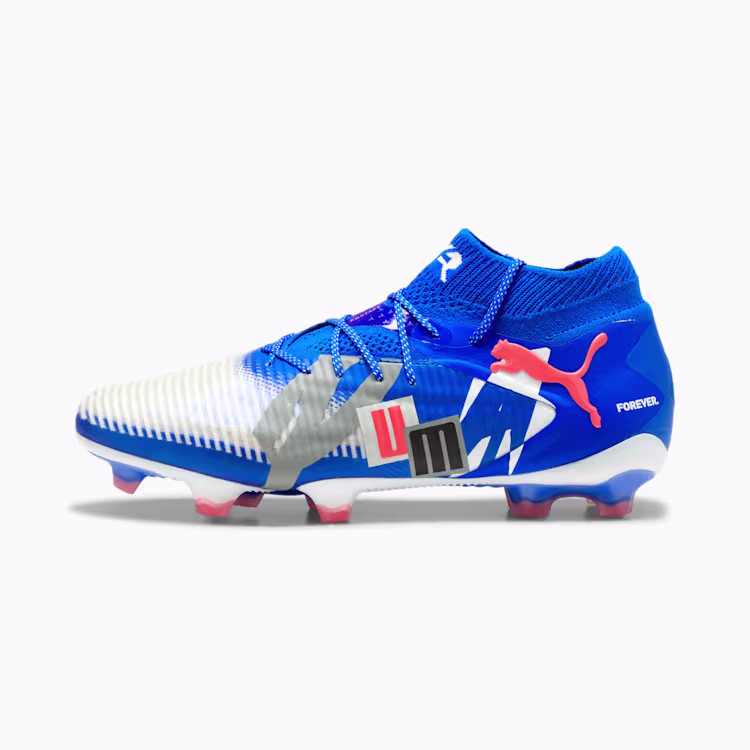Puma Future 8 Ultimate Forever FG soccer cleats in Ultra Blue, Feather Gray, and Red – firm ground boots with adaptive fit and bold design