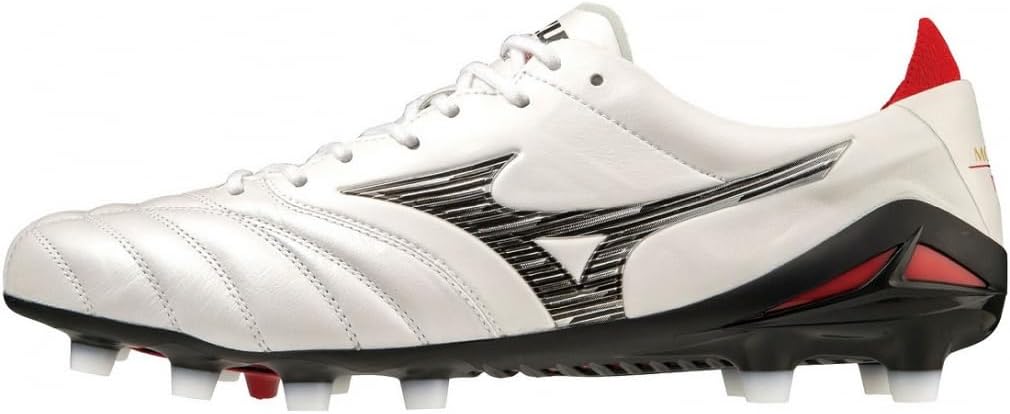 Mizuno Morelia Neo IV MIJ FG – white leather soccer cleats with red accents, side view