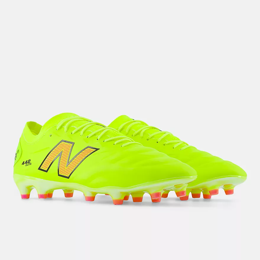 New Balance 442 Elite FG V2 yellow soccer cleats with orange details – premium leather boots for firm ground