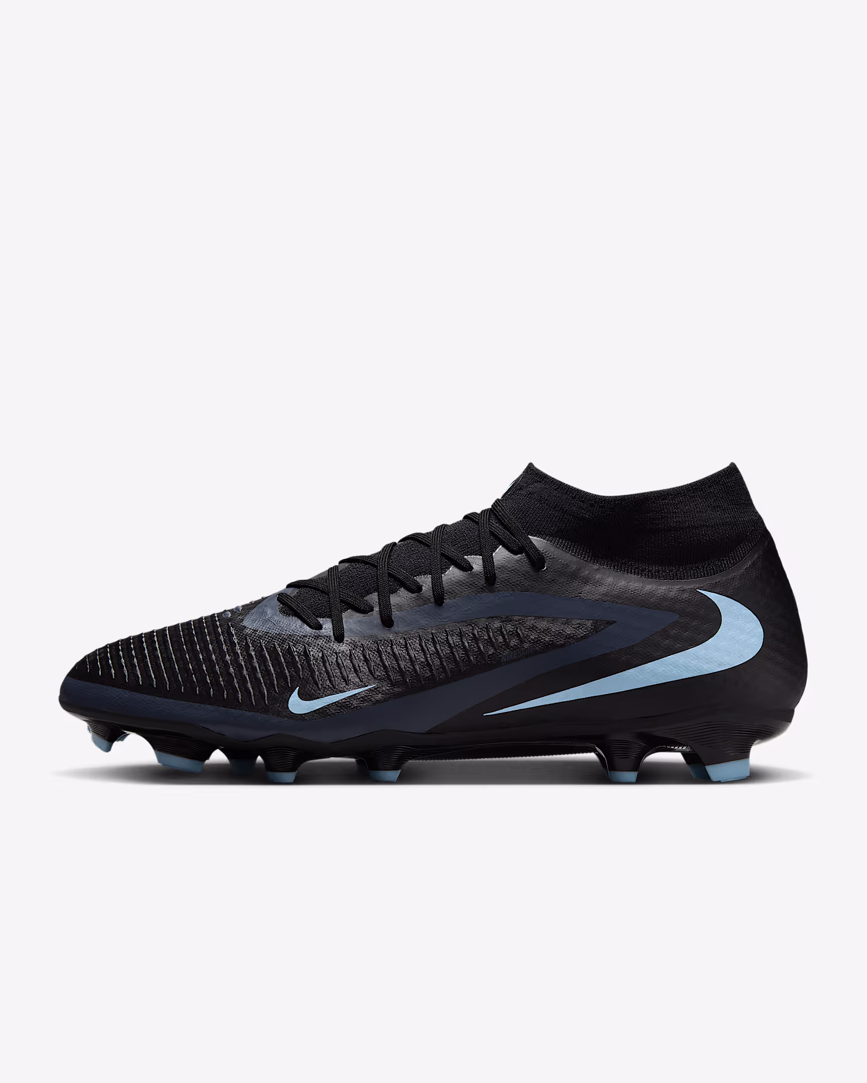 Nike Phantom  6 High Academy MG – black mid-cut soccer cleats with white Swoosh, designed for firm and artificial ground