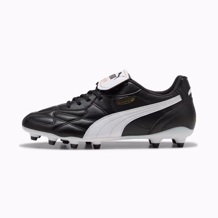 Puma King Top FG/AG black soccer cleats – classic leather boots with white and gold details for firm and artificial ground