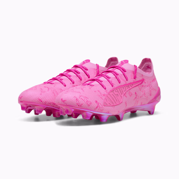 PUMA x KidSuper Ultra 5 Ultimate pink soccer cleats – lightweight firm ground boots with bold artistic design