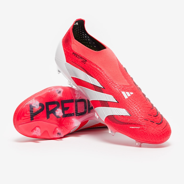 Adidas Predator Elite Laceless FG in solar red with white and black details – firm ground laceless cleats designed for precision and power