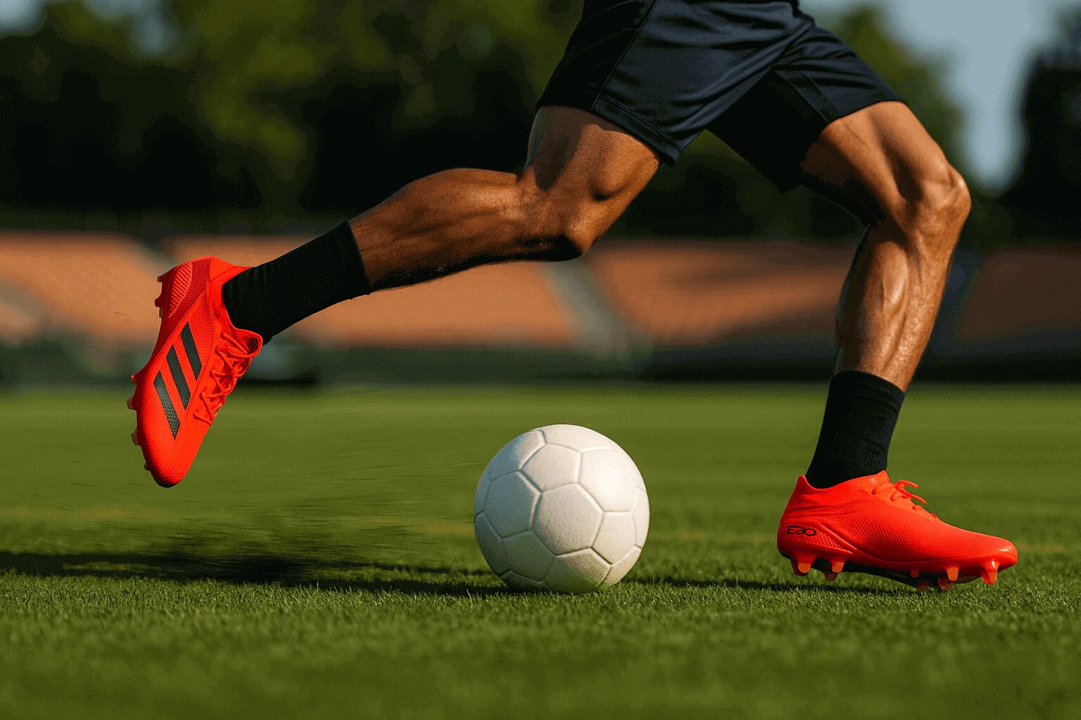 Soccer player dribbling a ball on a dark field, wearing speed-focused cleats, illuminated by red stadium lights.