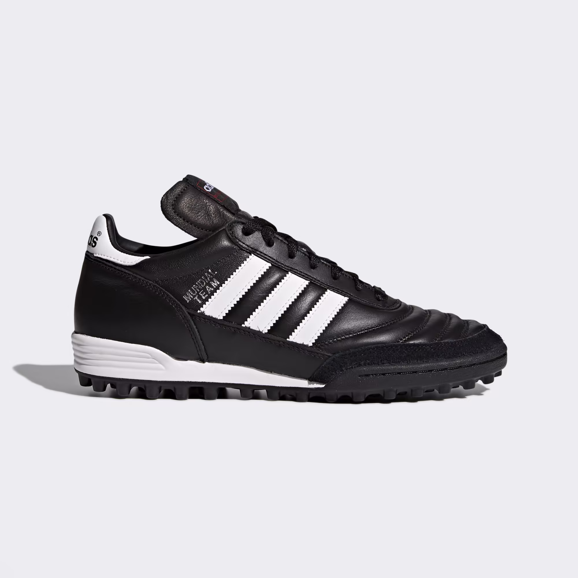 Adidas Copa Mundial Team TF black turf soccer shoes with white three stripes, designed for synthetic grass and hard ground play.