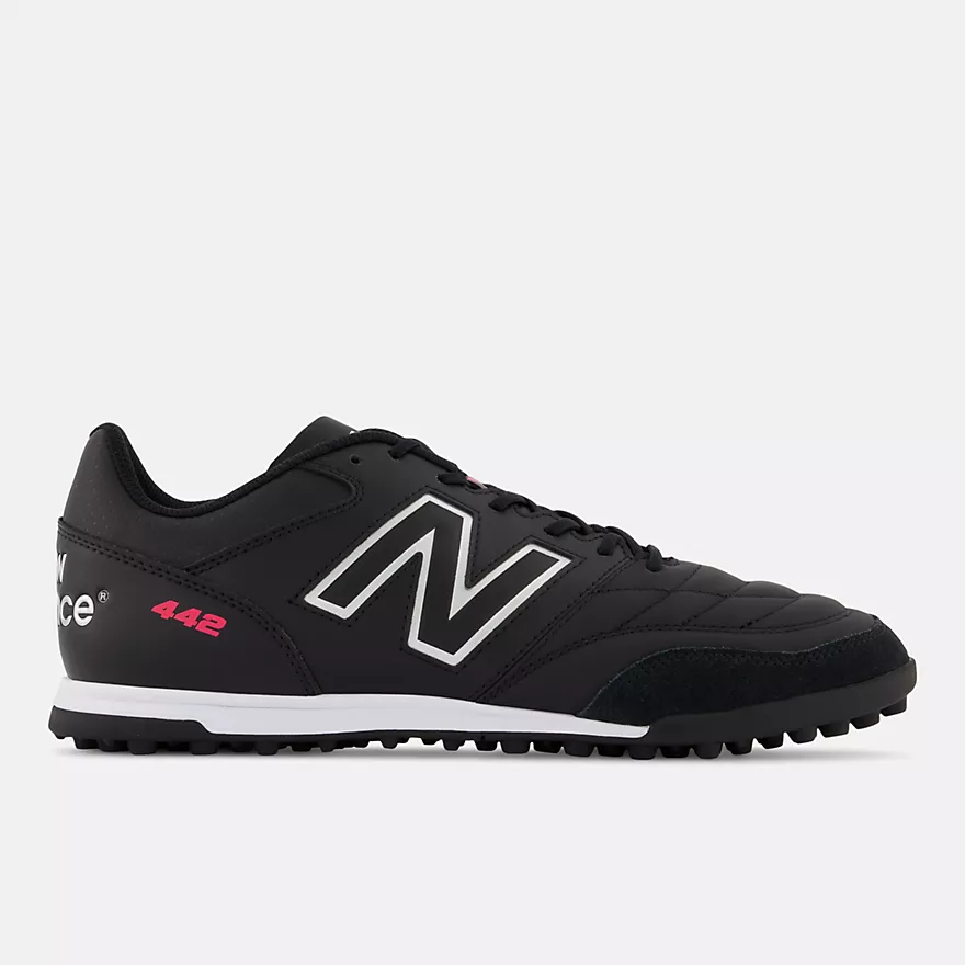 New Balance 442 V2 Team TF black turf soccer shoes with white logo, designed for artificial turf and hard ground play.