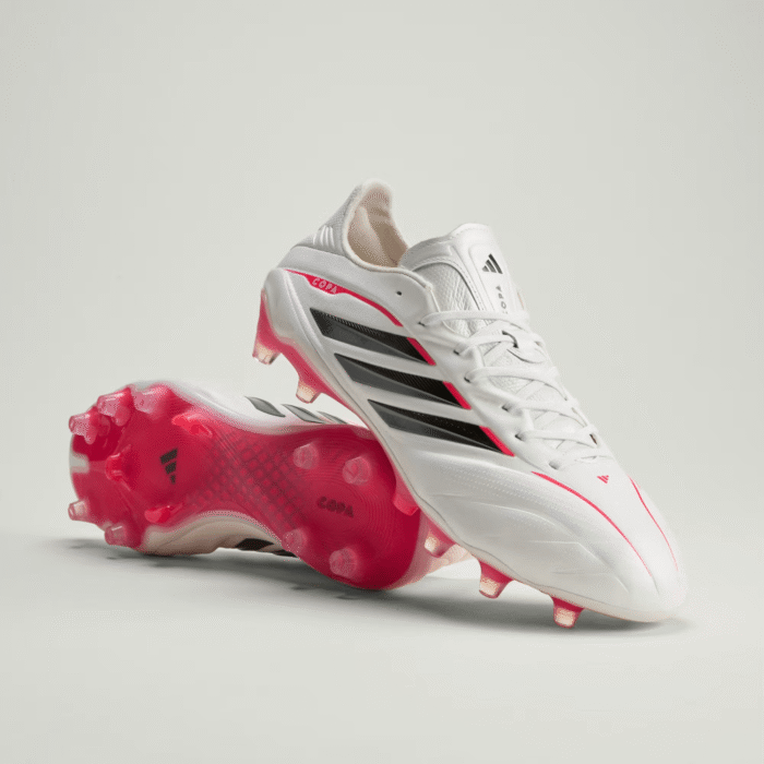 Adidas Copa Pure IV Elite Firm Ground soccer cleats in white with red soleplate, premium leather control boot.