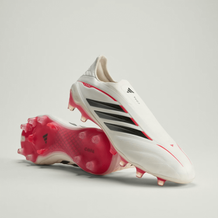 Adidas Copa Pure IV Elite laceless firm ground soccer cleats in white, designed for comfort and touch.