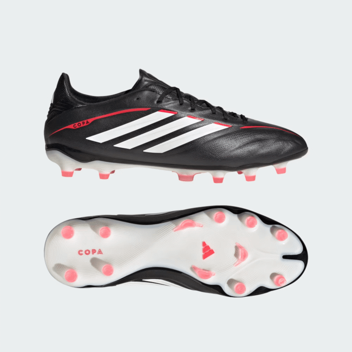 Adidas Copa Pure IV Pro Firm Ground soccer boots in black with white stripes and red studs.