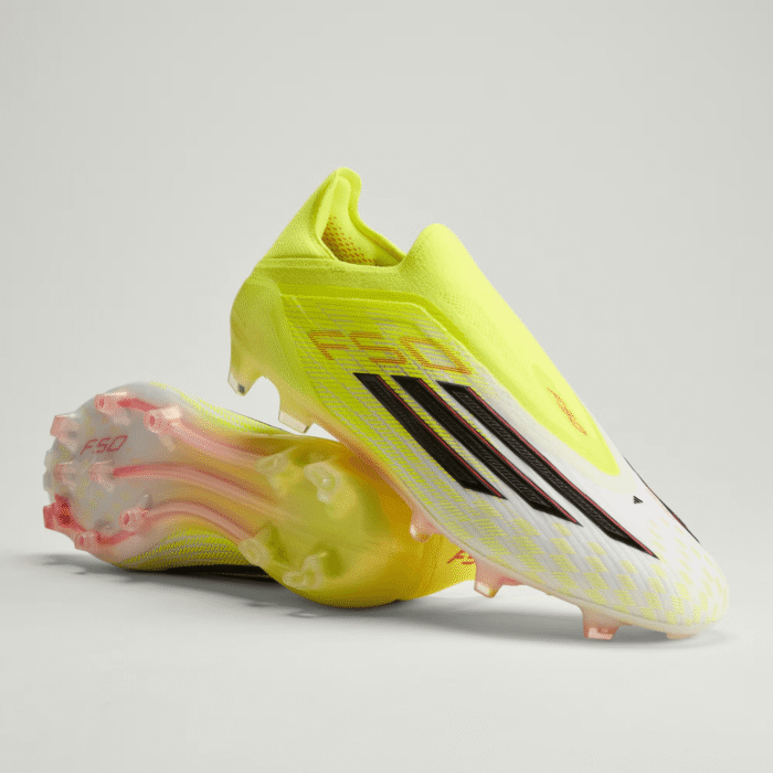Adidas F50 Elite Laceless firm ground soccer cleats in yellow, built for speed and explosive acceleration.