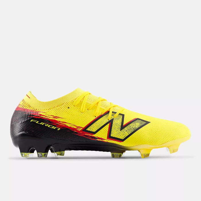 New Balance Furon Elite FG V8 soccer cleats in bright yellow with black logo and firm ground studs.