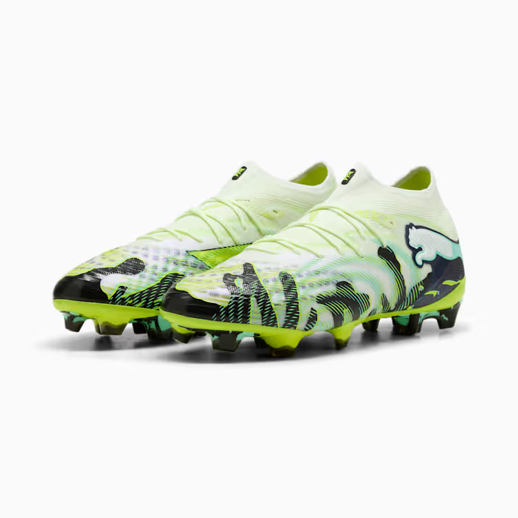 Puma Future 9 Ultimate soccer cleats in a green camo colorway with adaptive upper and FG/AG soleplate for control and agility.