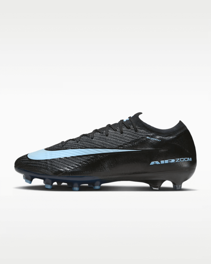 Nike Mercurial Vapor 16 Elite Black AG soccer cleats with blue Swoosh and artificial grass studs.