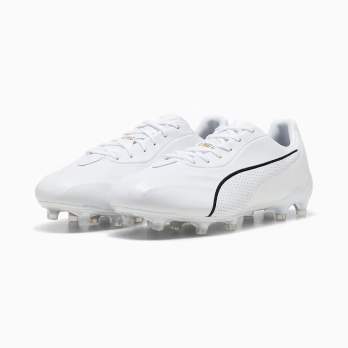 Puma King Platinum FG/AG white soccer cleats with classic low-cut design and conical studs.