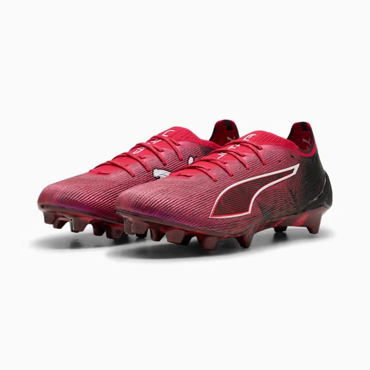 Puma Ultra 6 Ultimate Christian Pulisic edition soccer cleats in a red colorway with a lightweight speed-focused upper and firm ground studs.