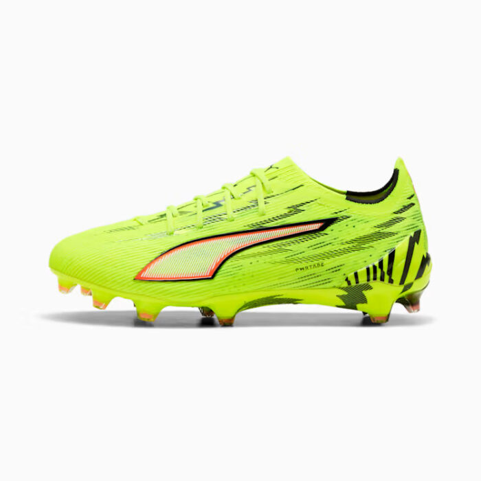 Puma Ultra 6 Ultimate women’s firm ground soccer cleats in Yellow Alert with black and red accents.