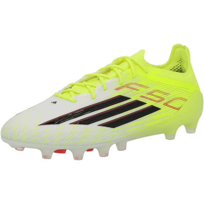 Adidas F50 Elite AG artificial grass soccer cleats in solar yellow with black stripes and red accents.