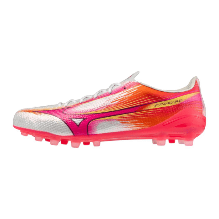 Mizuno Alpha III Japan AG soccer cleats in white and fuchsia pink for artificial grass.