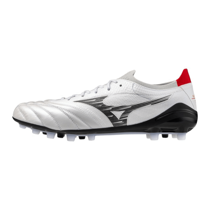 Mizuno Morelia Neo IV Beta Elite AG artificial grass soccer cleats in white with black logo and red heel accent.