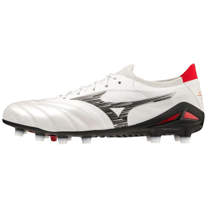 Mizuno Morelia Neo IV Beta FG Made in Japan soccer cleats in white with black logo and red heel.