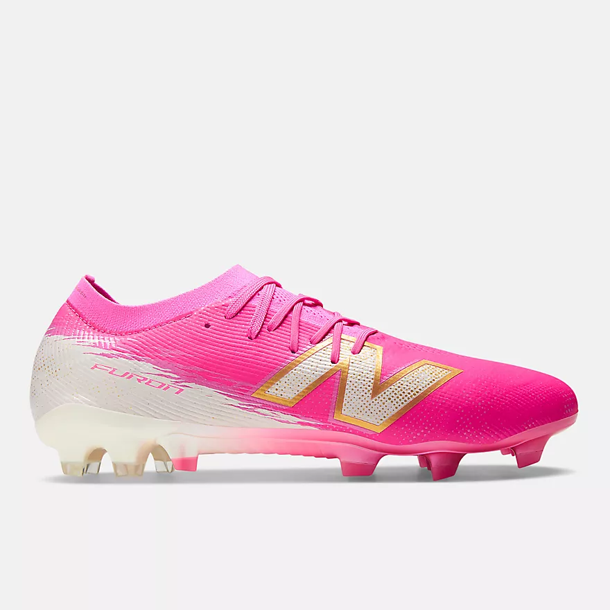 New Balance Furon Elite MG V8 Unisex Soccer Cleats in Pink Heat with Sea Salt and Gold Metallic - Multi-Ground Cleats