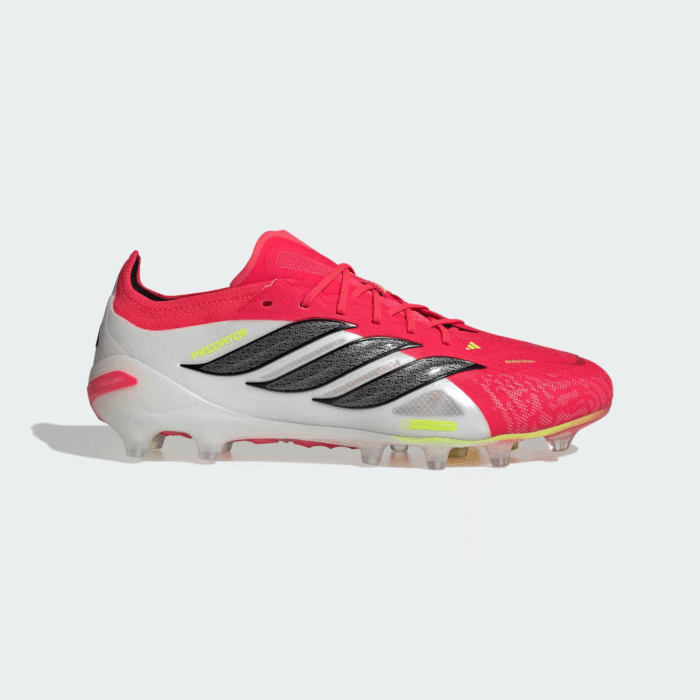 Adidas Predator Elite Artificial Ground soccer cleats in lucid red, core black, and cloud white.