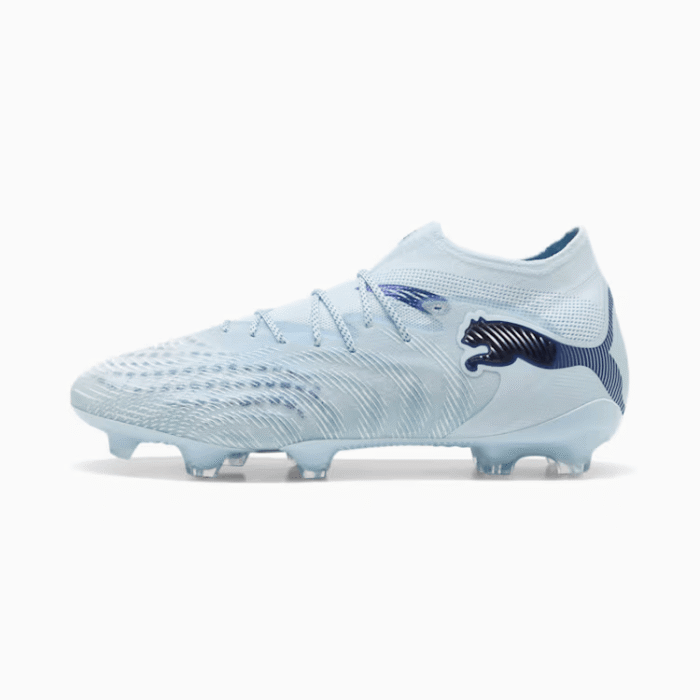 Puma Future 9 Ultimate FG soccer cleats in icy blue with blue accents and Puma logo