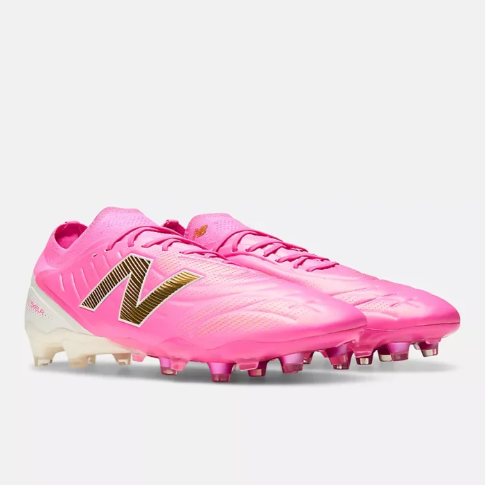 New Balance Tekela Elite Low FG V5 Unisex Soccer Cleats in Pink Heat with Metallic Gold and Pink Satin - Firm Ground Cleats